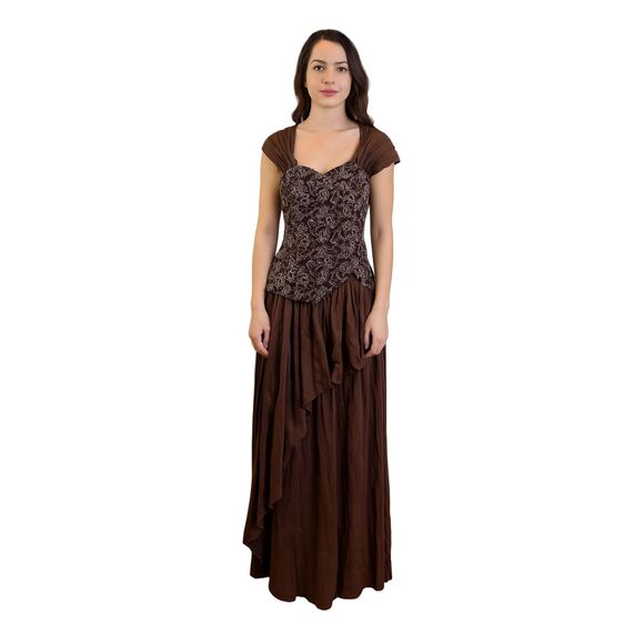 Vintage Jessica McClintock Brown Western Beaded Gown Dress  Women's Size 16 - Picture 1 of 13
